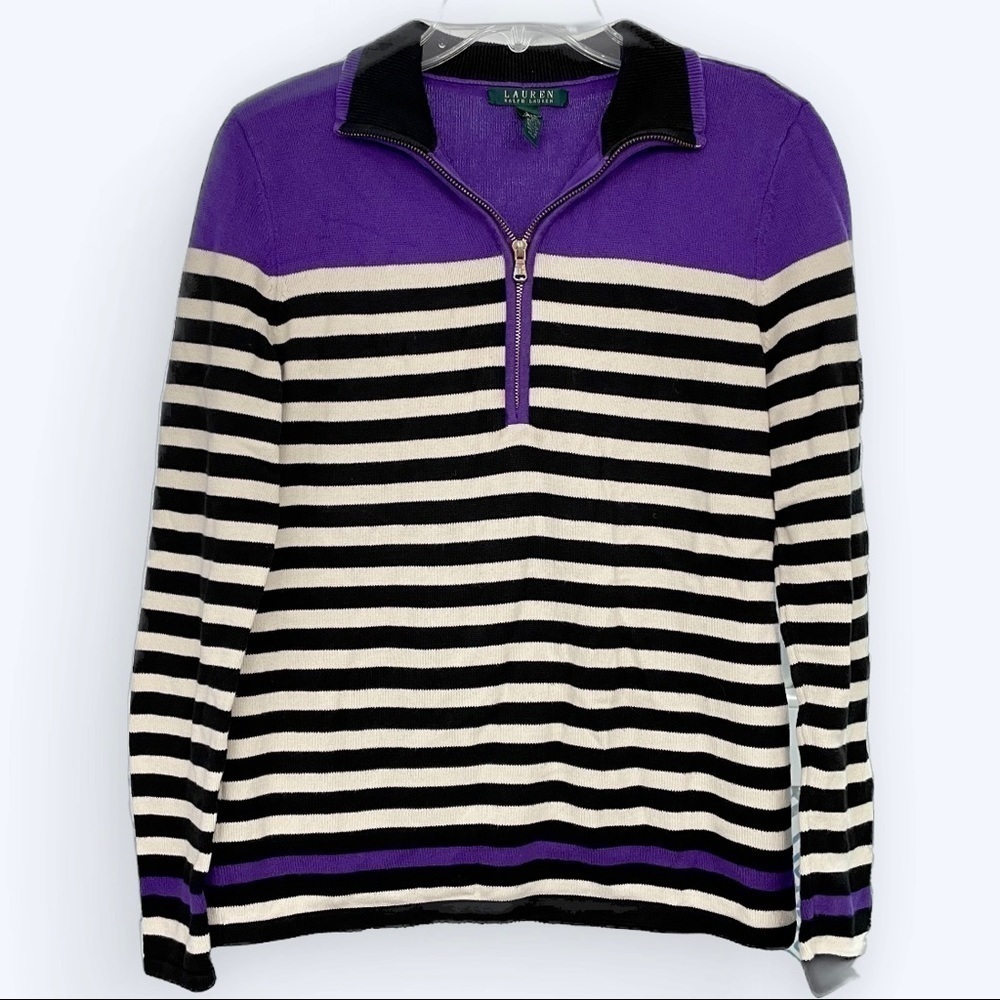 Lauren Ralph Lauren black white stripe 1/4 zip long sleeve 100% cotton sweater 